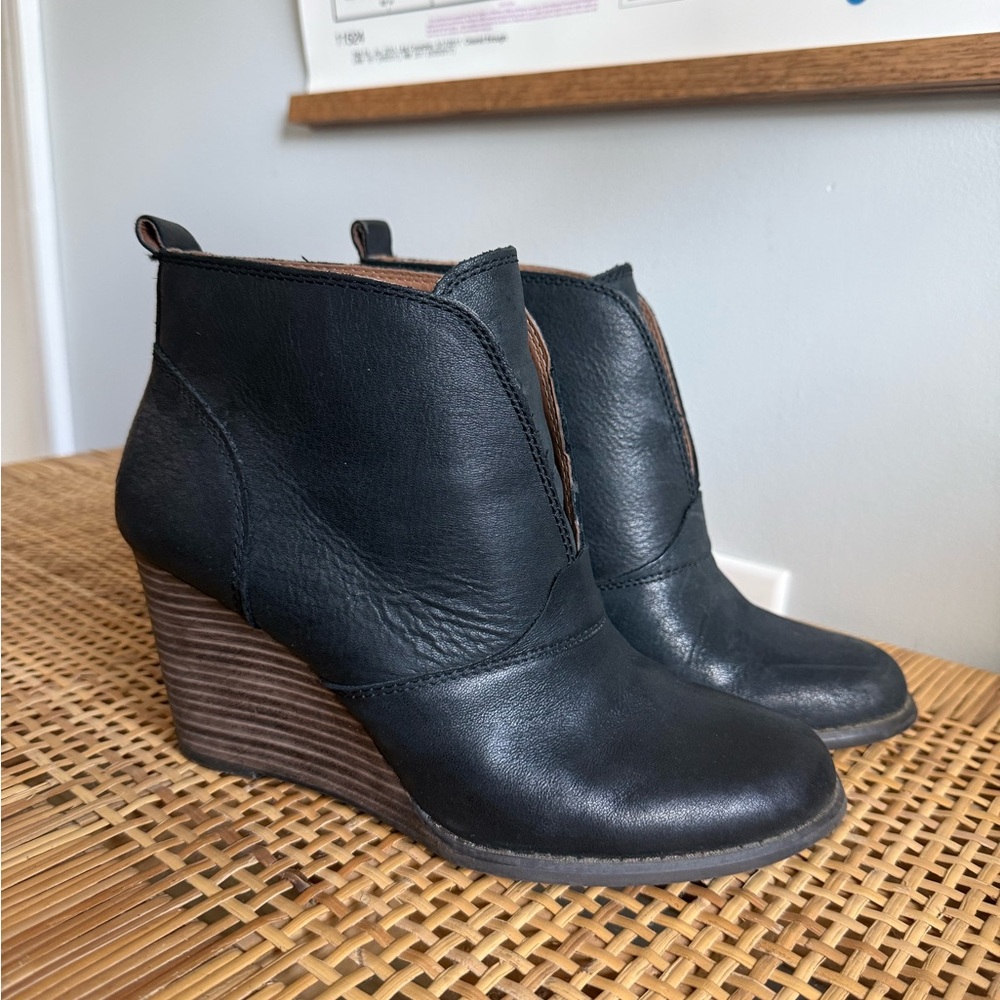 Lucky Brand Black Leather Wedge Ankle Boots